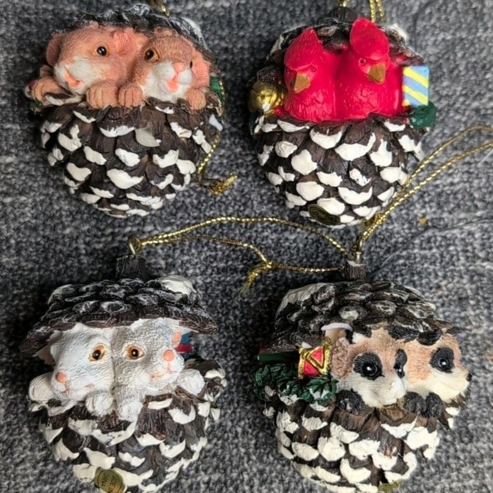 Vtg‎ Woodland Pinecone Animal Ornaments Set of 4 Country Rustic Christmas 2"